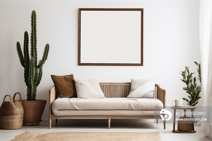 Beautiful Boho Blank Photo Frame Mockup in Neutral Muted Pastel Coloured Room wth Cactus Plants and Pampas Grass