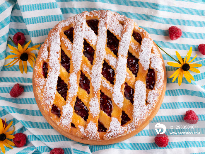 Yummy freshly tart cake pie with raspberries, view from above