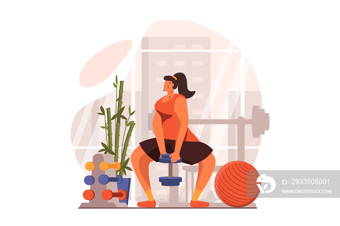 Fitness web concept in flat design. Woman does strength exercises with dumbbell in gym and other equipment. athlete is engaged in bodybuilding and weightlifting. Illustration with people scene