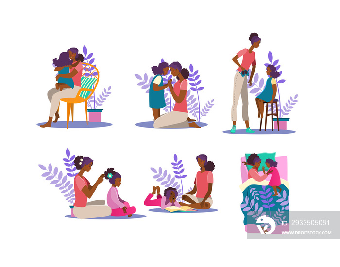 Motherhood illustration set. Woman and girl hugging, reading book, spending time together. Family concept. illustration for topics like mother, daughter, affection