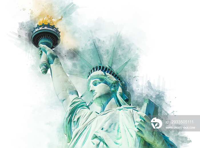 Watercolor paint effect of the Statue of Liberty isolated on white background