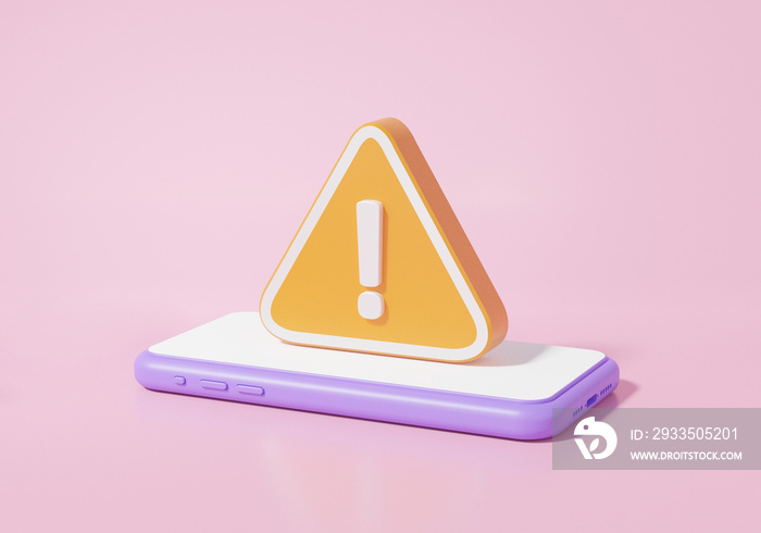 Exclamation orange triangle warning symbol icon on smartphone. tecnology error alert safety concept, isometric, isolated pink background. 3d render illustration