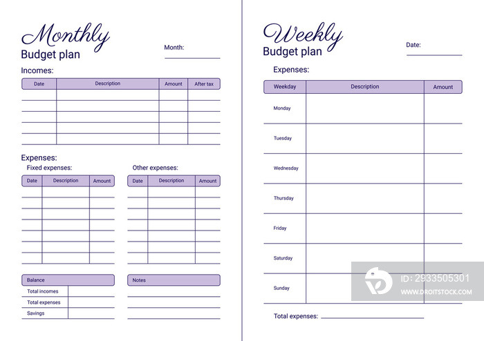 Personal budget plan concept. Monthly and weekly printable template, A4 format. Illustration on a white background.