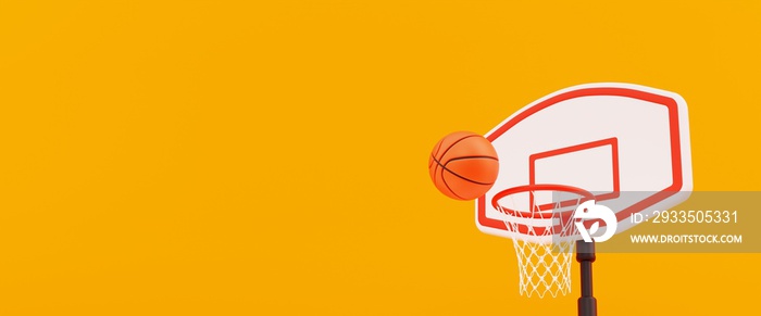 3d illustration of basketball hoot with ball on yellow background. indoor sports concept, copy space