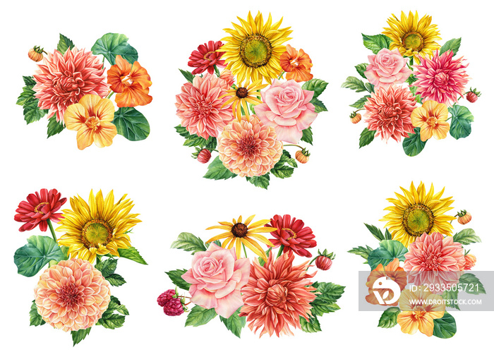 Set of flowers. Sunflower, rose, dahlia, zinnia and leaves. Hand painted illustration. Watercolor drawing