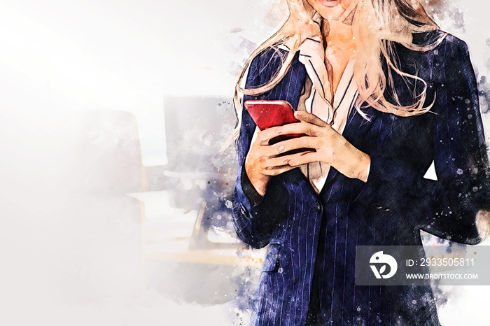 Abstract business young woman playing mobile phone in the office on watercolor illustration painting background.