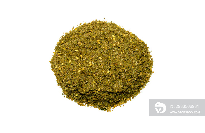 Original Israel and Arabic Za’atar spice isolated on white background. Pile of Middle eastern traditional spice mixture zaatar. Top view