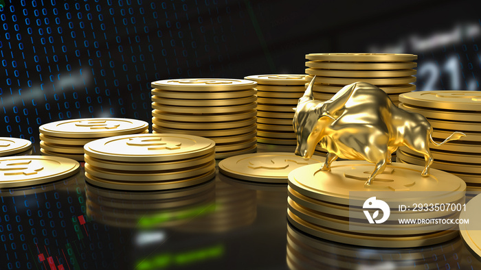 The gold bull and coins for business concept 3d rendering