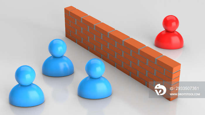 Misunderstanding between businessmen, conflict. Businessmen and a brick wall between them. 3d render