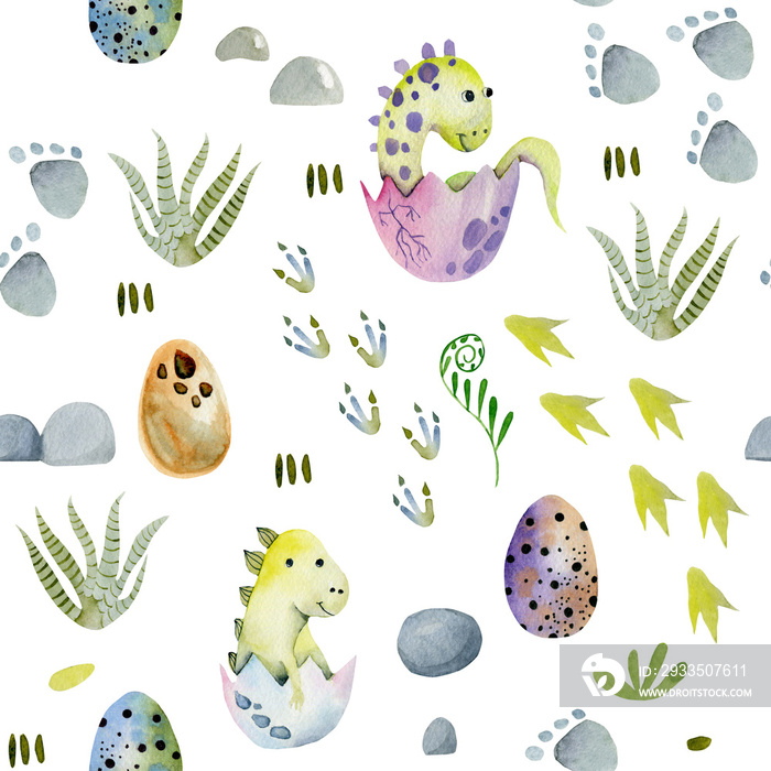 Watercolor cute baby dinosaurs in eggs seamless pattern