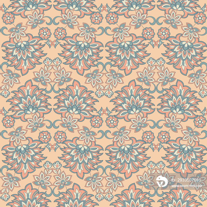 Seamless pattern with ethnic flowers. Vector Floral Illustration in asian textile style