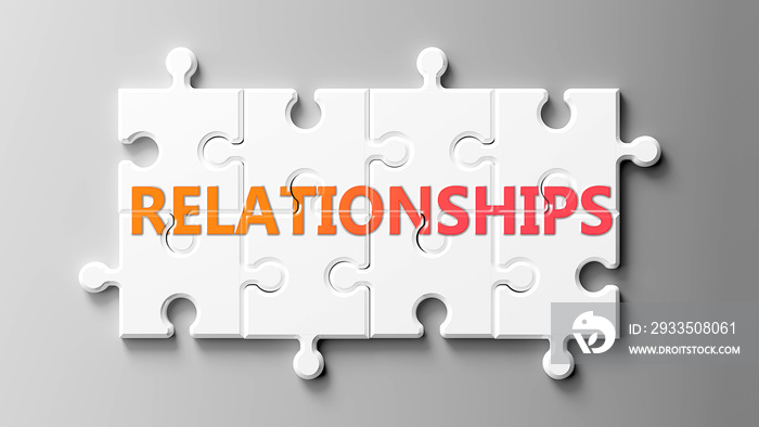 Relationships complex like a puzzle - pictured as word Relationships on a puzzle pieces to show that Relationships can be difficult and needs cooperating pieces that fit together, 3d illustration