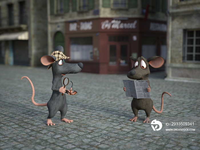 3D rendering of a cartoon detective mouse investigating a crime.