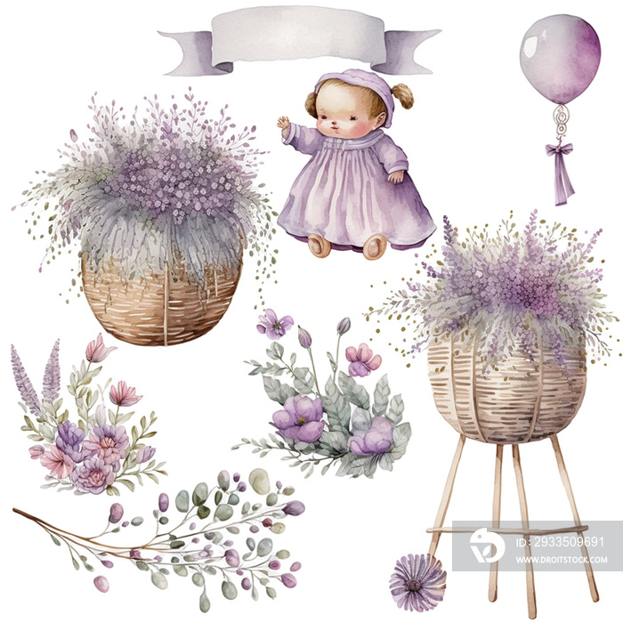 Vintage Set of Clipart Watercolor Baby Clothes and Lavender Flowers, Stickers Set