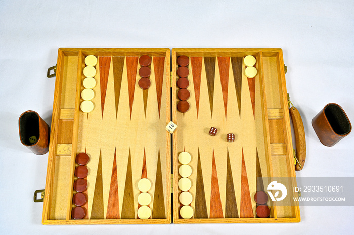 backgammon board with game pieces and dices