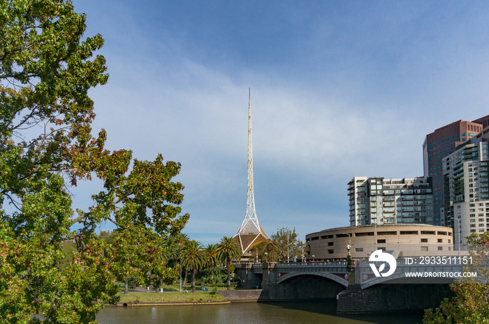 Melbourne cityscape with Princes Bridge and Melbourne Arts Centre Building