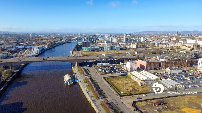 Aerial image of Glasgow Cityscape from over the River Clyde near the city centre.