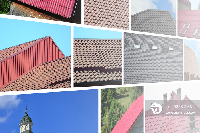 A collage of many pictures with fragments of various types of roofing. Set of images with roofs