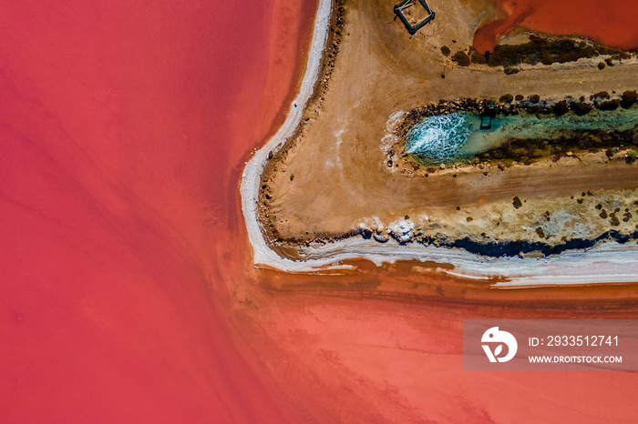 An aerial view of Hutt Lagoon, pink lake, Western Australia.