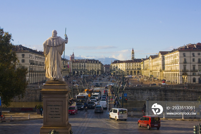 Monument to the king Vittorio Emanuele near Catholic Parish Church Gran Madre Di Dio in Turin