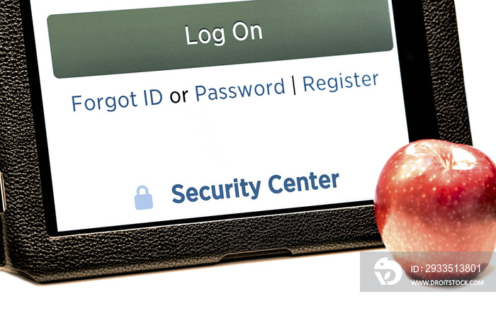 Tablet Screen open to Secure Log In to Web Page with Apple