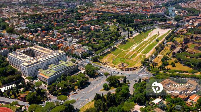 Aerial view of Circus Maximus, an ancient Roman chariot-racing stadium and mass entertainment venue in Rome, Italy. Now it’s a public park but it was the first and largest stadium in ancient Rome.