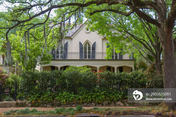 Mansion in Garden District of New Orleans, Louisiana, USA. Upper story windows are framed by branches of live southern oak tree with Spanish moss