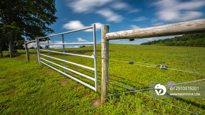 Fence and gate surrounding a country meadow on a sunny summer day