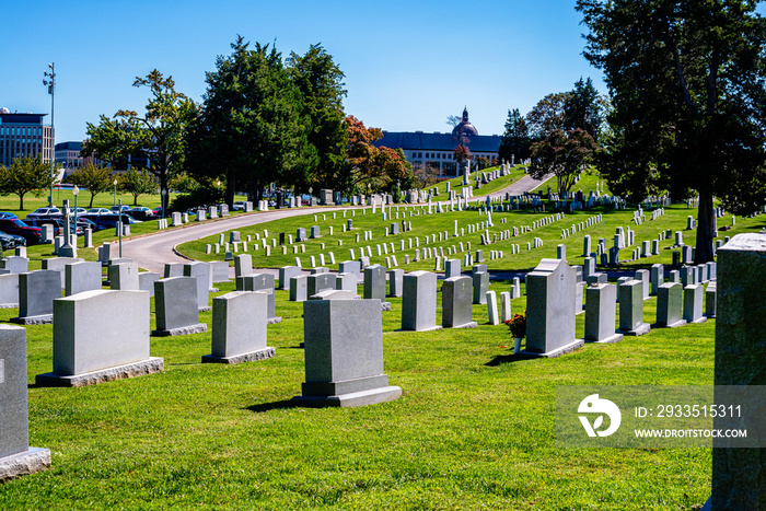 American war cemetery on Naval Academy, Annapolis, Maryland with trees and grass