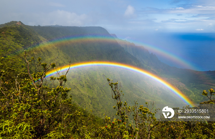 Double rainbow over Kalalau valley, seen from Pihea trail, Kauai, Hawaii. Shoot through a polarizer filter.