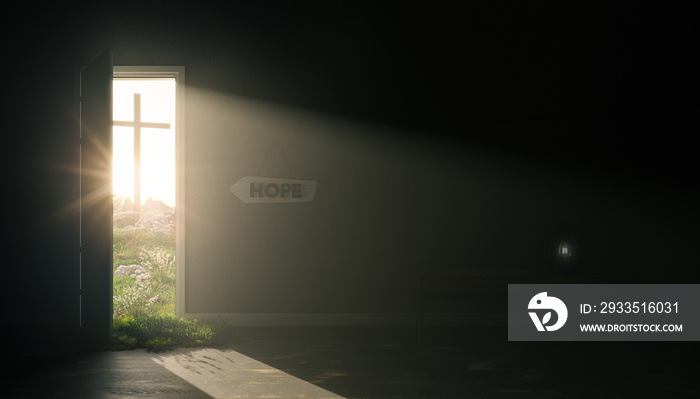 Hope and fear concept. Dark room with bench and oil lamp. Light shines through the open door with the cross in the background. 3D rendering.