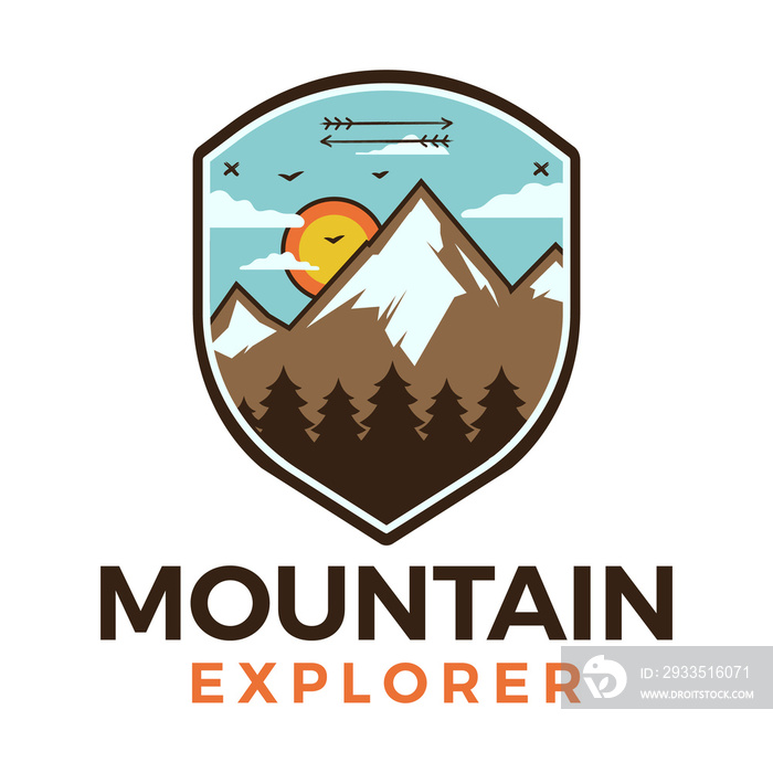 Mountain Explorer logo, retro camping adventure emblem design with mountains and trees. Unusual line art retro style sticker. Stock patch