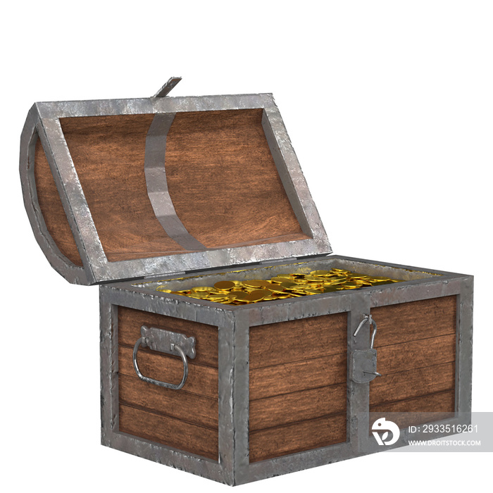 3d rendering illustration of a treasure chest with padlock and coins