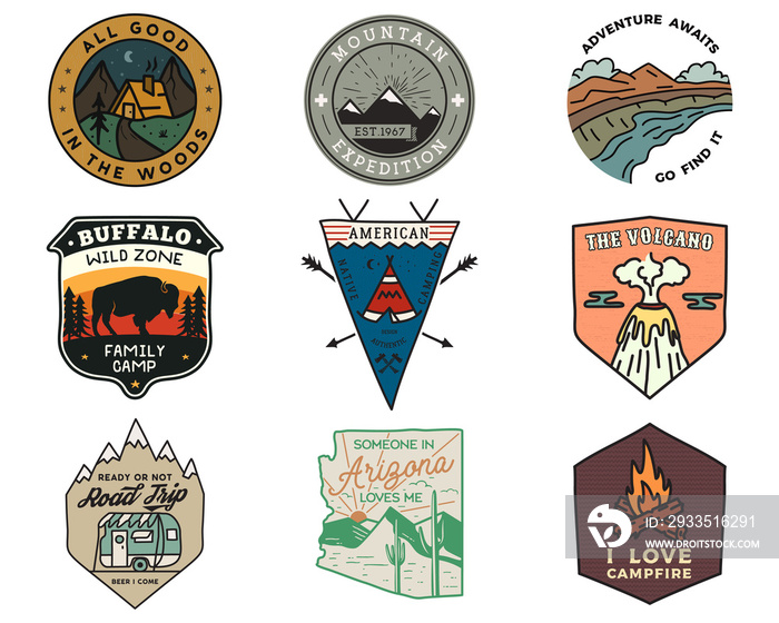 Vintage mountain camping badges logos set, Adventure patches. Hand drawn stickers designs bundle. Travel expedition, hiking labels. Outdoor sports emblems. Logotypes collection. Stock .