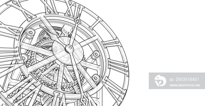 clock, mechanism, sketch, 3d illustration