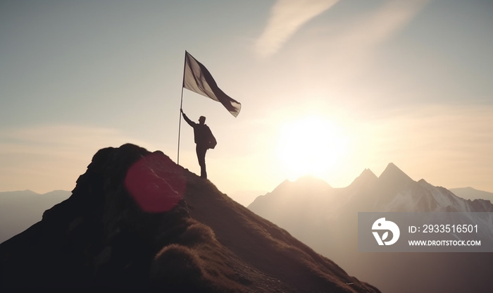 Man Climb Mountain With Flag as Symbol of Business Success and Achievement