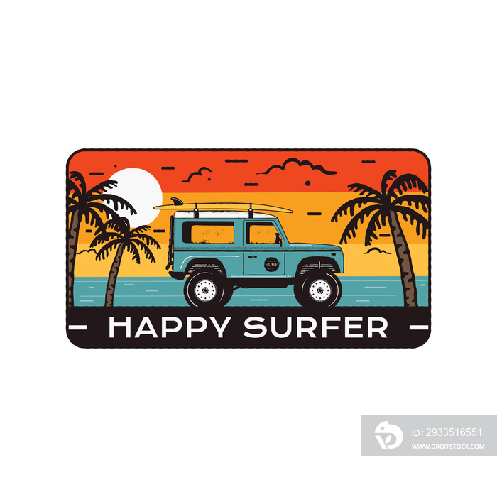 Surfing Logo Emblem. Vintage hand drawn travel badge, poster. Featuring surf car riding on the beach and sea landscape. Happy Surfer quote. Stock summer insignia