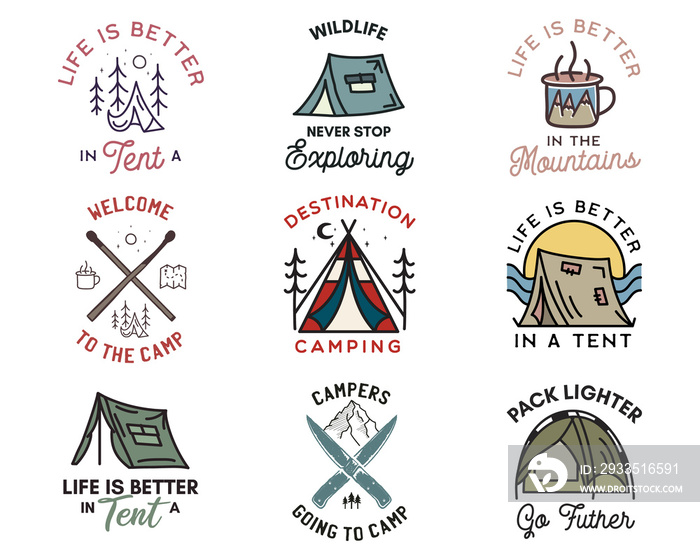 Camping adventure badges logos set, Vintage travel emblems. Hand drawn line art stickers designs bundle. Hiking expedition, campers quotes labels. Outdoor camper insignias. Stock set