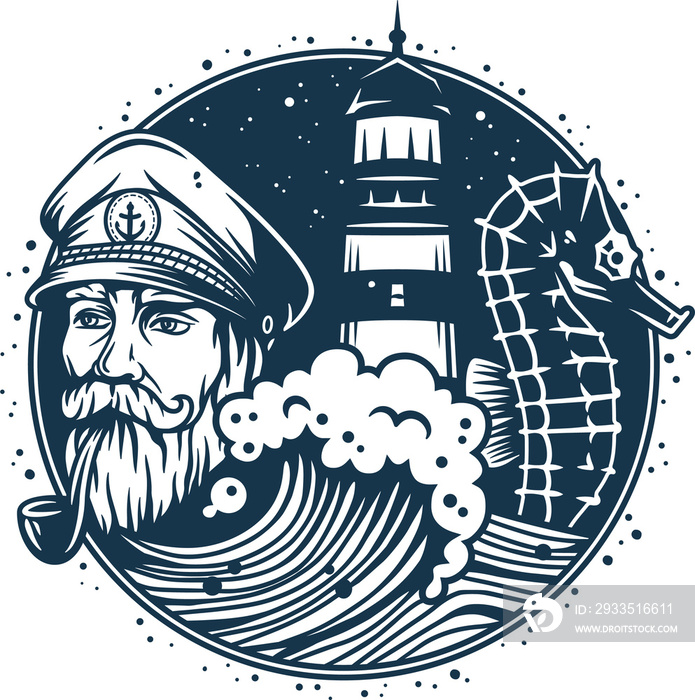 Marine sailor captain with smoking pipe. Nautical wanderlust sea adventure illustration of skipper