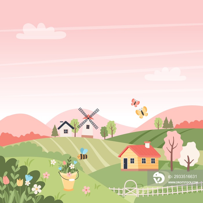 Spring landscape with trees, fields, houses and windmill. Easter background, countryside landscape. illustration in flat style