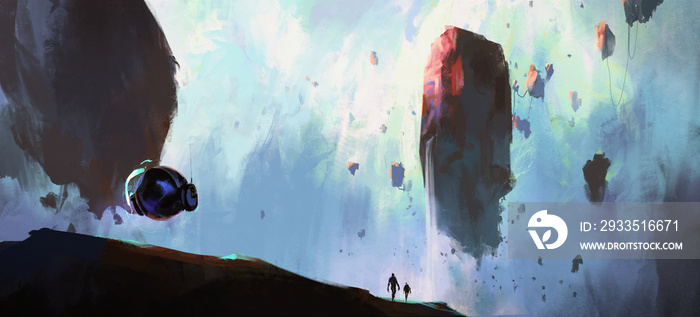 A huge boulder suspended on an alien planet, 3D illustration.