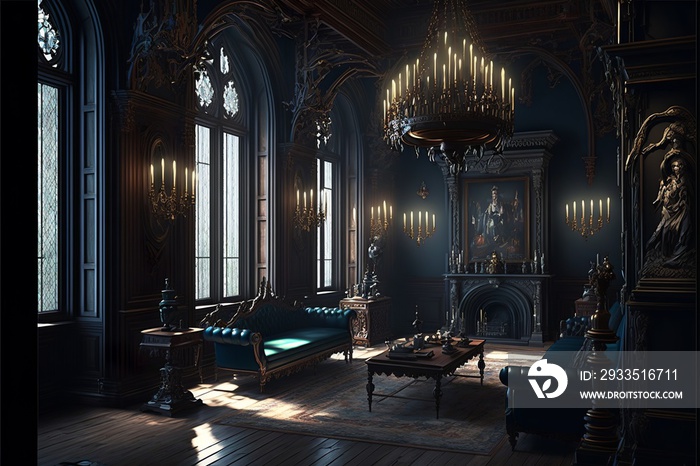 Dark academy gothic style fantasy mansion interioe with huge chandelier