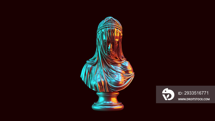 Silver Woman Bust Sculpture with Drapery with Red Orange and Blue Green Moody 80s lighting 3d illustration 3d render