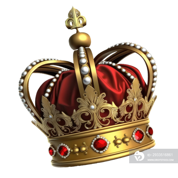 Red king crown. Classic king’s crown isolated on a transparent background. Gold crown with jewels.