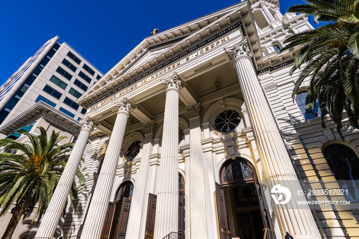 Exterior view of the Cathedral Basilica of St. Joseph, a large Roman Catholic church located in Downtown San Jose, south San Francisco bay area, California