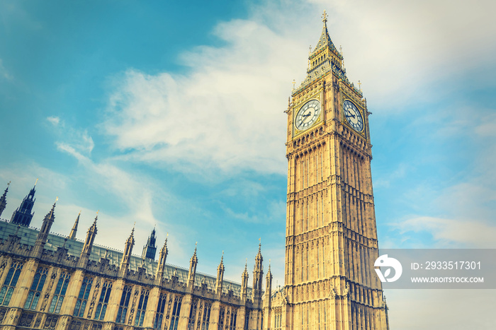 Big Ben and House of Parliament, London, UK, vintage style