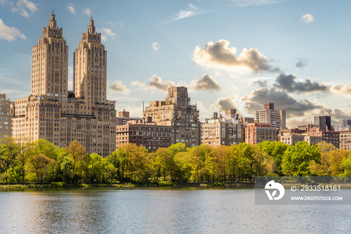 Skyline panorama with Eldorado building and reservoir with fountain in Central Park in midtown Manhattan in New York City