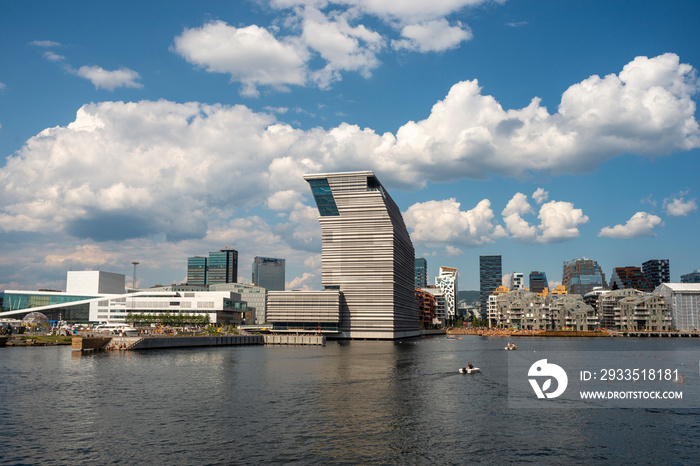 Munch museum Oslo. Summer day in Oslo with blue sky and fluffy clouds. View on central city and sea.