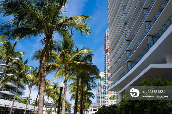 Apartments in skyscrapers at Miami Beach. Expensive real estate in Miami.