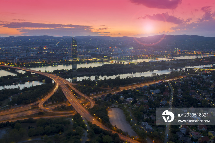 sunset in Vienna city, aerial view. Austria